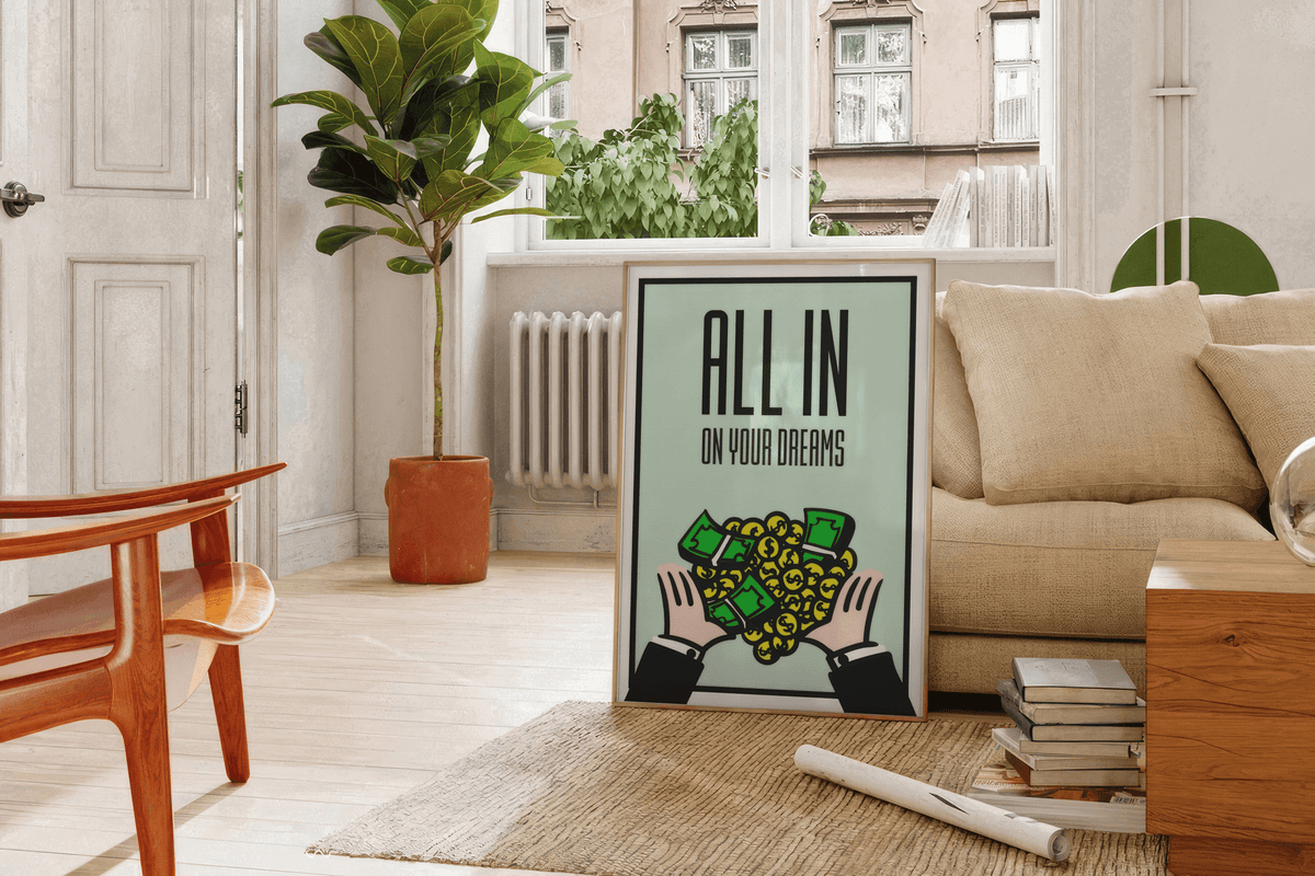 Framed mint poster leaning by a sunny window in a Scandinavian apartment with fiddle leaf fig