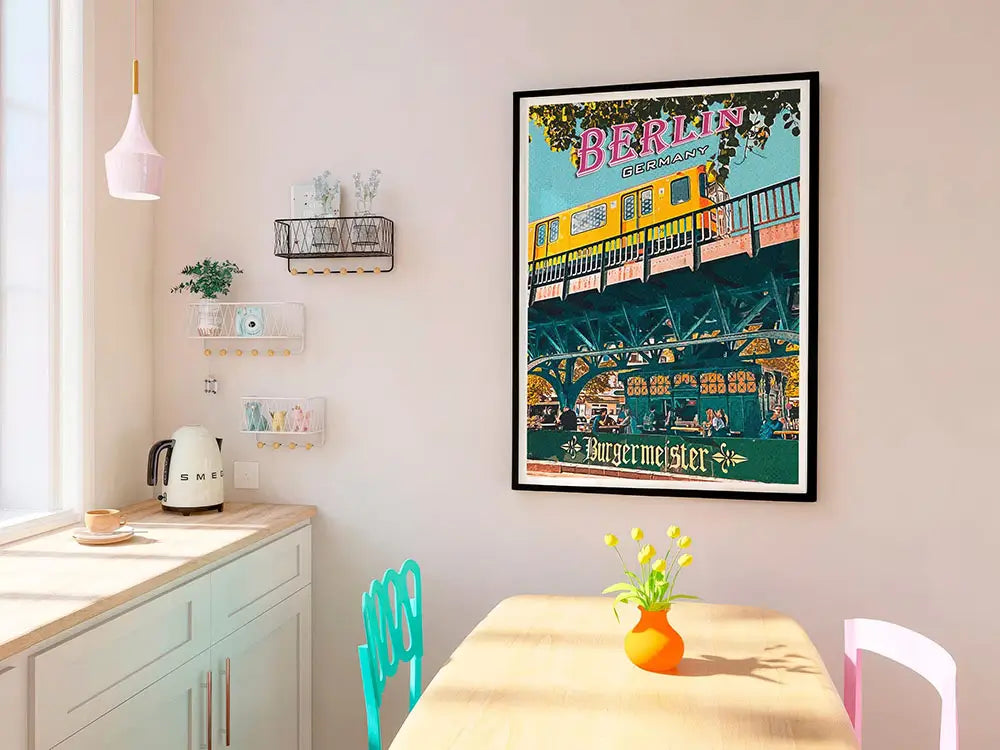 Berlin Burgermeister vintage poster on a kitchen wall near a Smeg kettle and wooden dining table