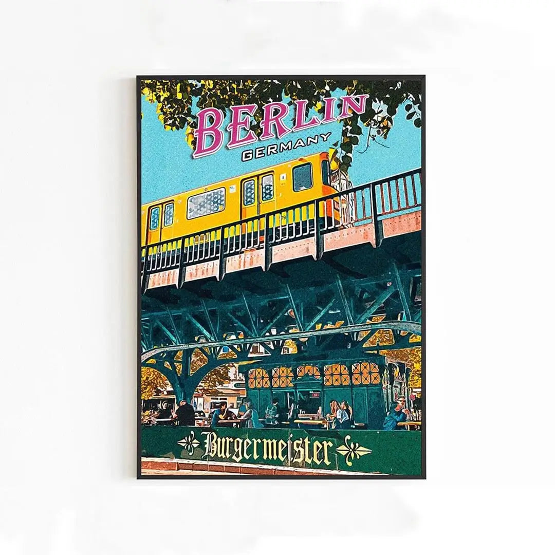 Berlin Retro travel poster illustration in 90s vintage style featuring the Burgermeister kiosk under a yellow U-Bahn train bridge in vivid pink and green colors