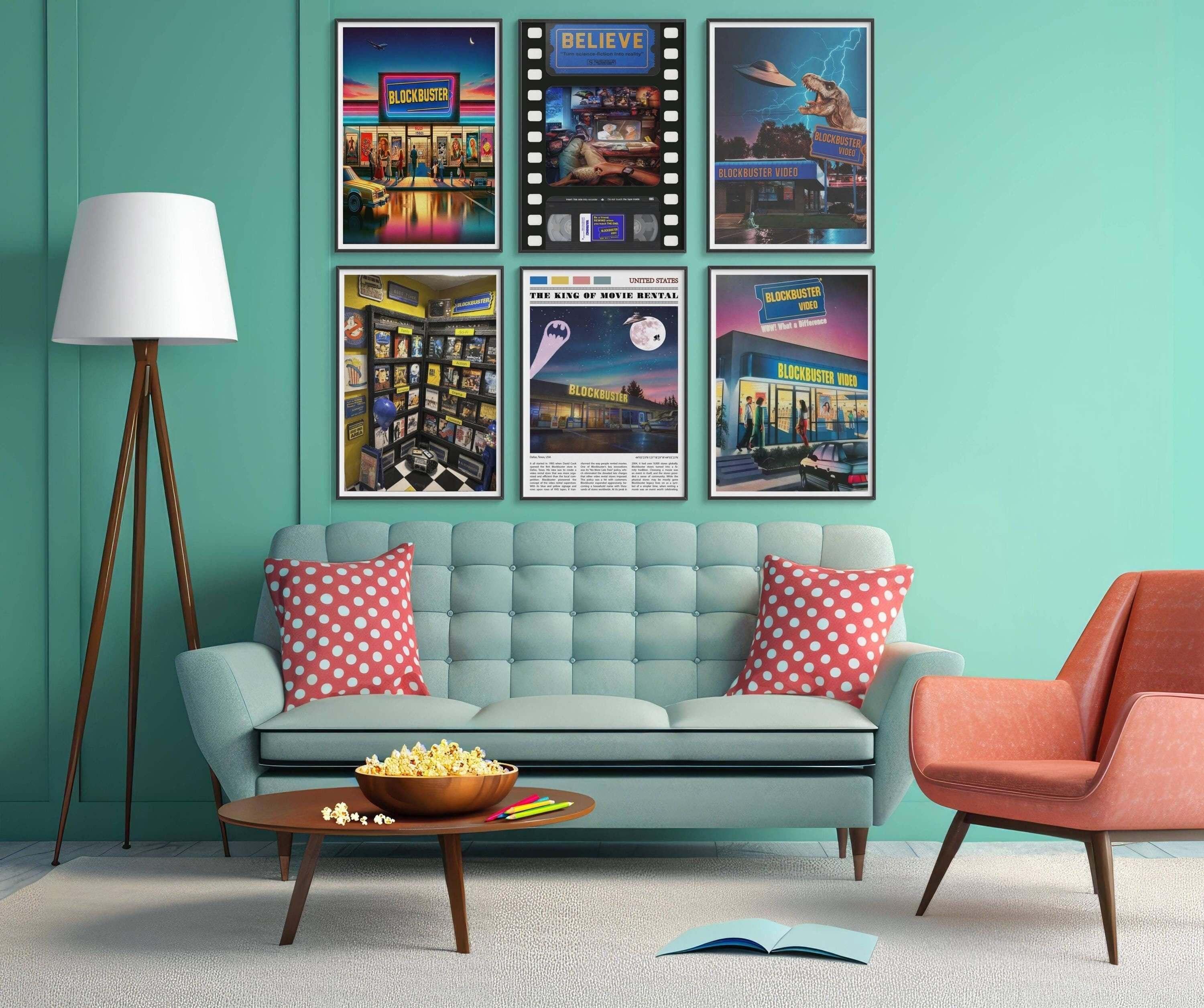 Six retro Blockbuster video posters framed in a grid above a mint green sofa