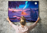 Colorful Winter Wonderland Oil Painting Wall Art | Northern Lights Landscape Decor | Panoramic Poster