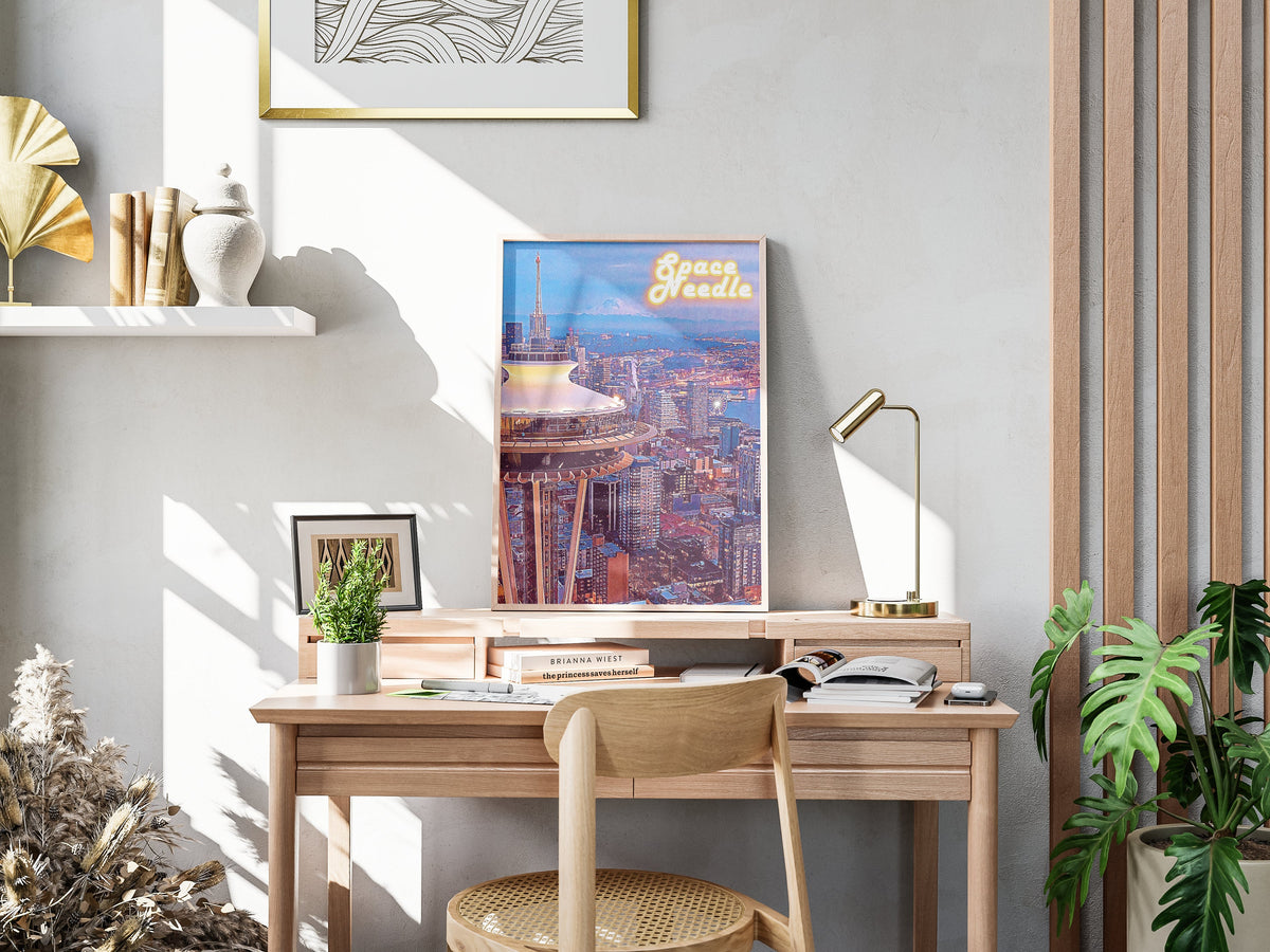 Mount Rainier Landscape, Seattle Skyline Poster, Space Needle Print, City Lights Retro, Decoration For Traveller, 90s Vintage Poster - DreamBrothers