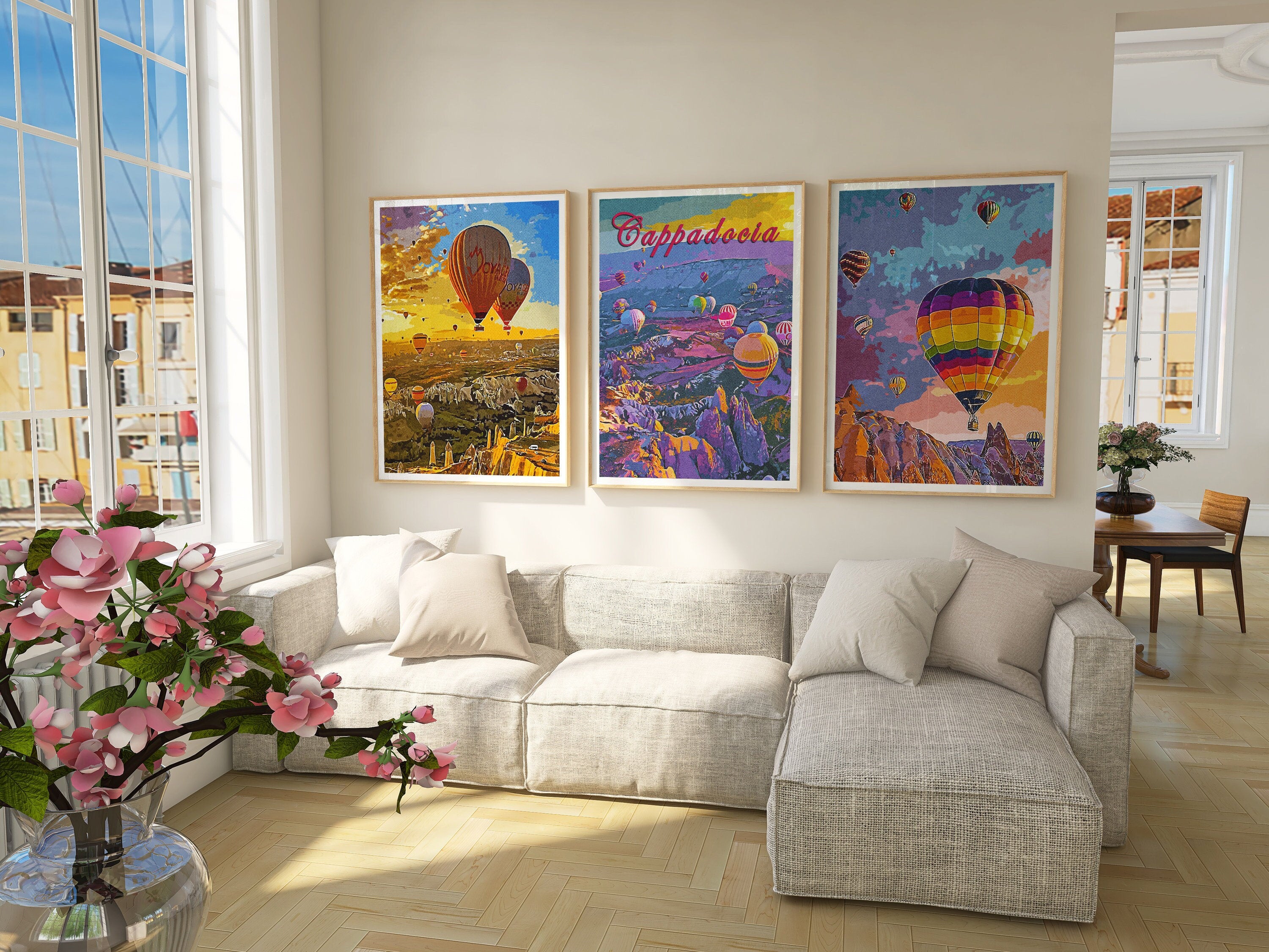 Hot Air Balloon Travel Decor Set of 3 Poster, Europe Retro Travel Set, Sky Sunset Landscape Prints, Turkey City Colorful Wall Art - DreamBrothers
