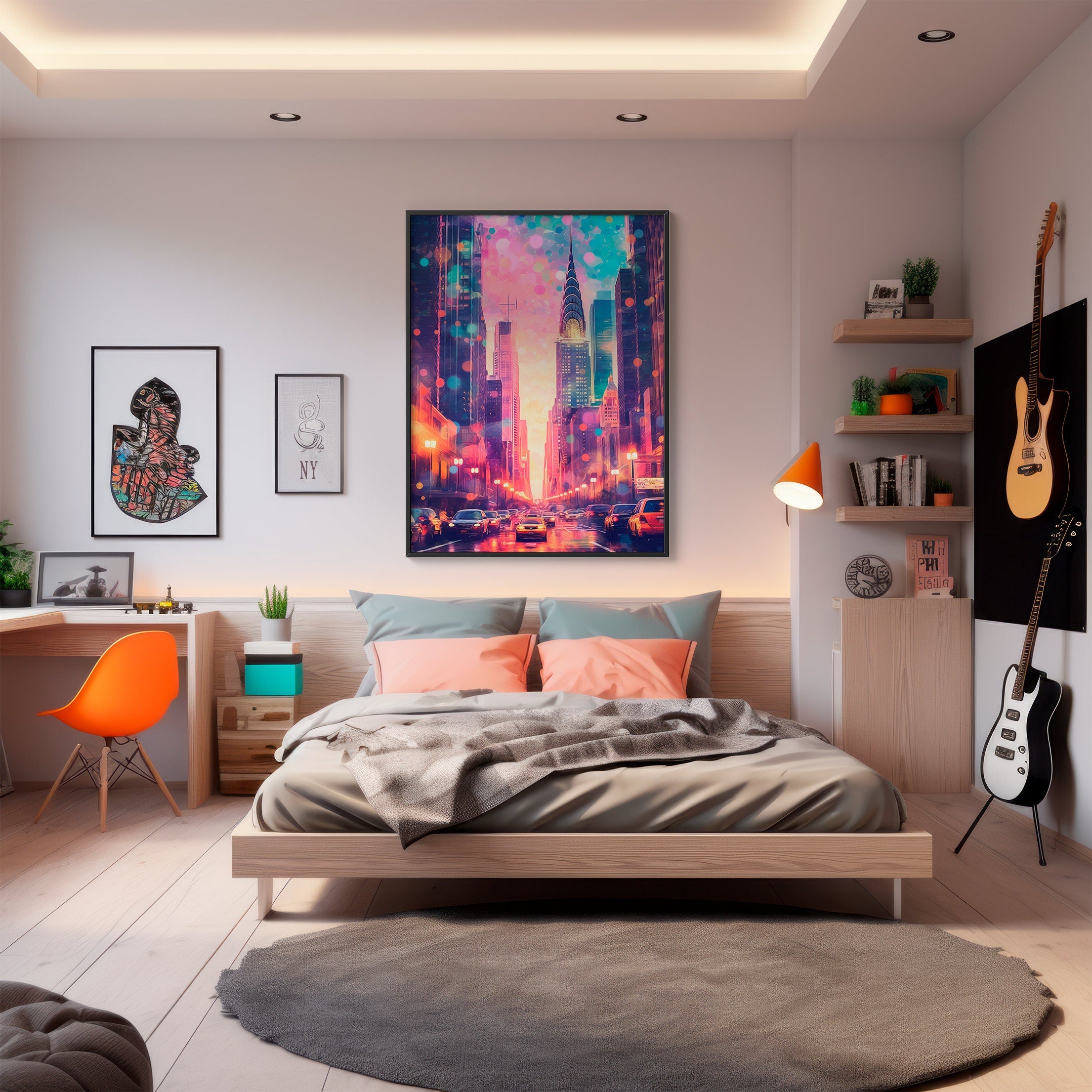 Chrysler Building Travel Poster, City Lights, Manhattan Colorful Wall Art, New York Retro Poster, NYC Gift, Vibrant USA Print