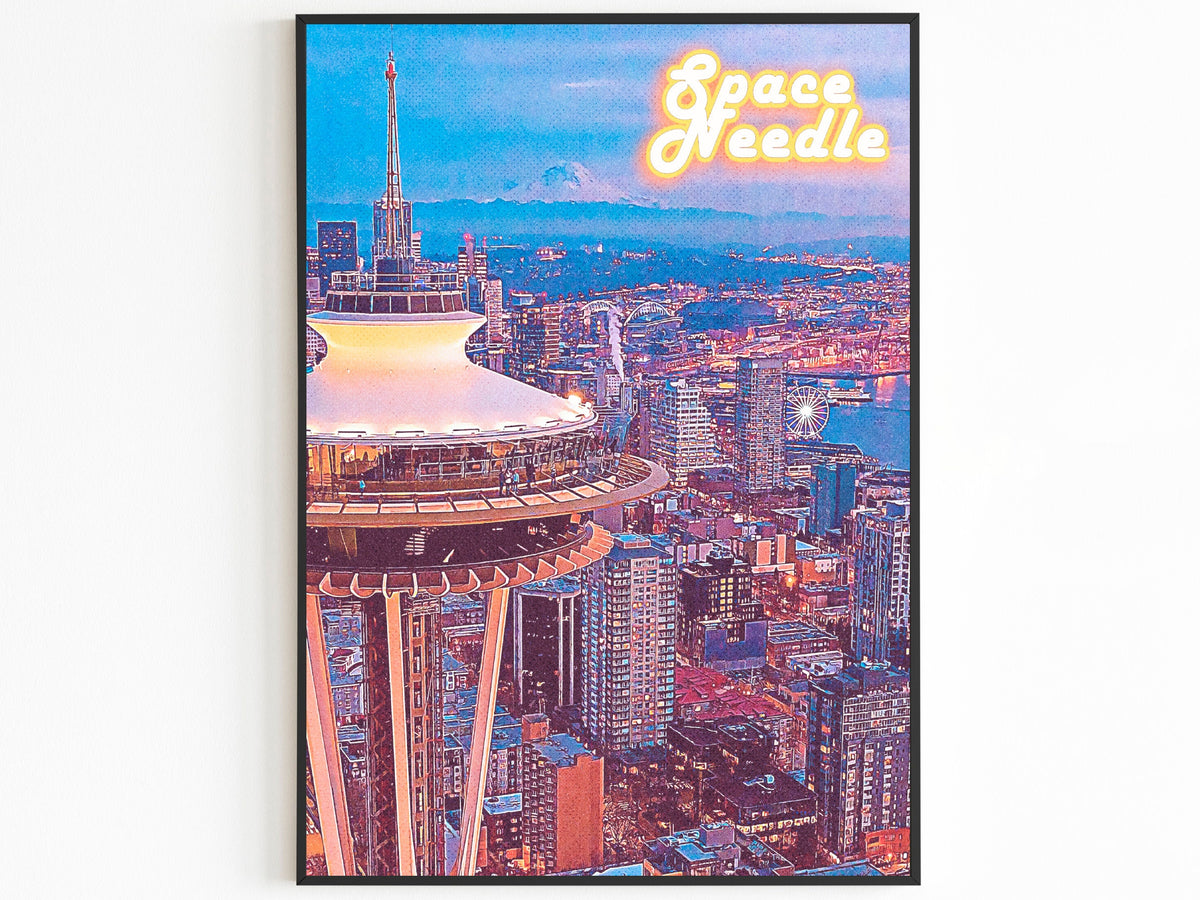Mount Rainier Landscape, Seattle Skyline Poster, Space Needle Print, City Lights Retro, Decoration For Traveller, 90s Vintage Poster - DreamBrothers