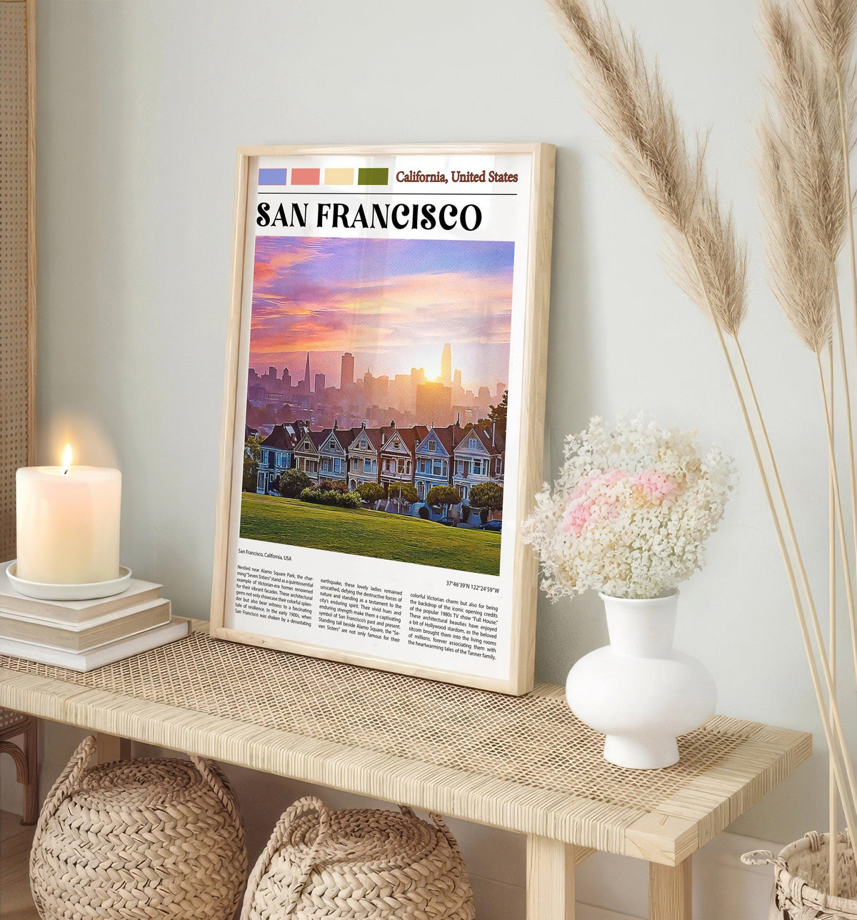 San Francisco Skyline Poster, Painted Ladies, Victorian Houses, California Retro Print, USA Travel Gift, Vintage Home Wall Art Decor - DreamBrothers