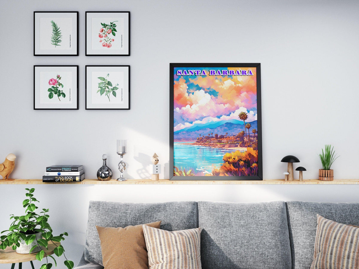 Santa Barbara Printable, Pastel Color Sunset, California Colorful Poster, World Travel Poster, Vibrant Retro Poster, Aesthetic Retro Poster - DreamBrothers