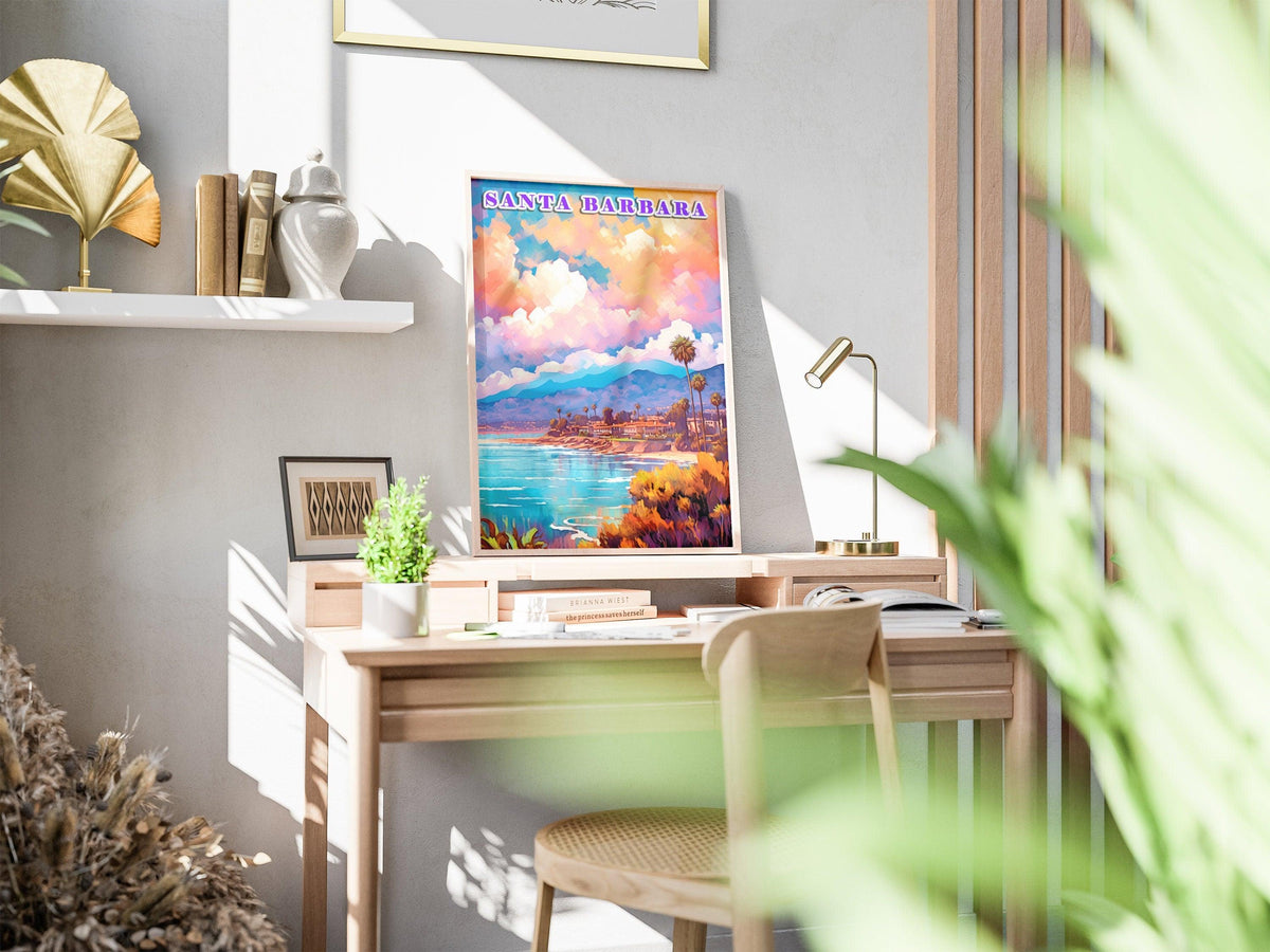 Santa Barbara Printable, Pastel Color Sunset, California Colorful Poster, World Travel Poster, Vibrant Retro Poster, Aesthetic Retro Poster - DreamBrothers