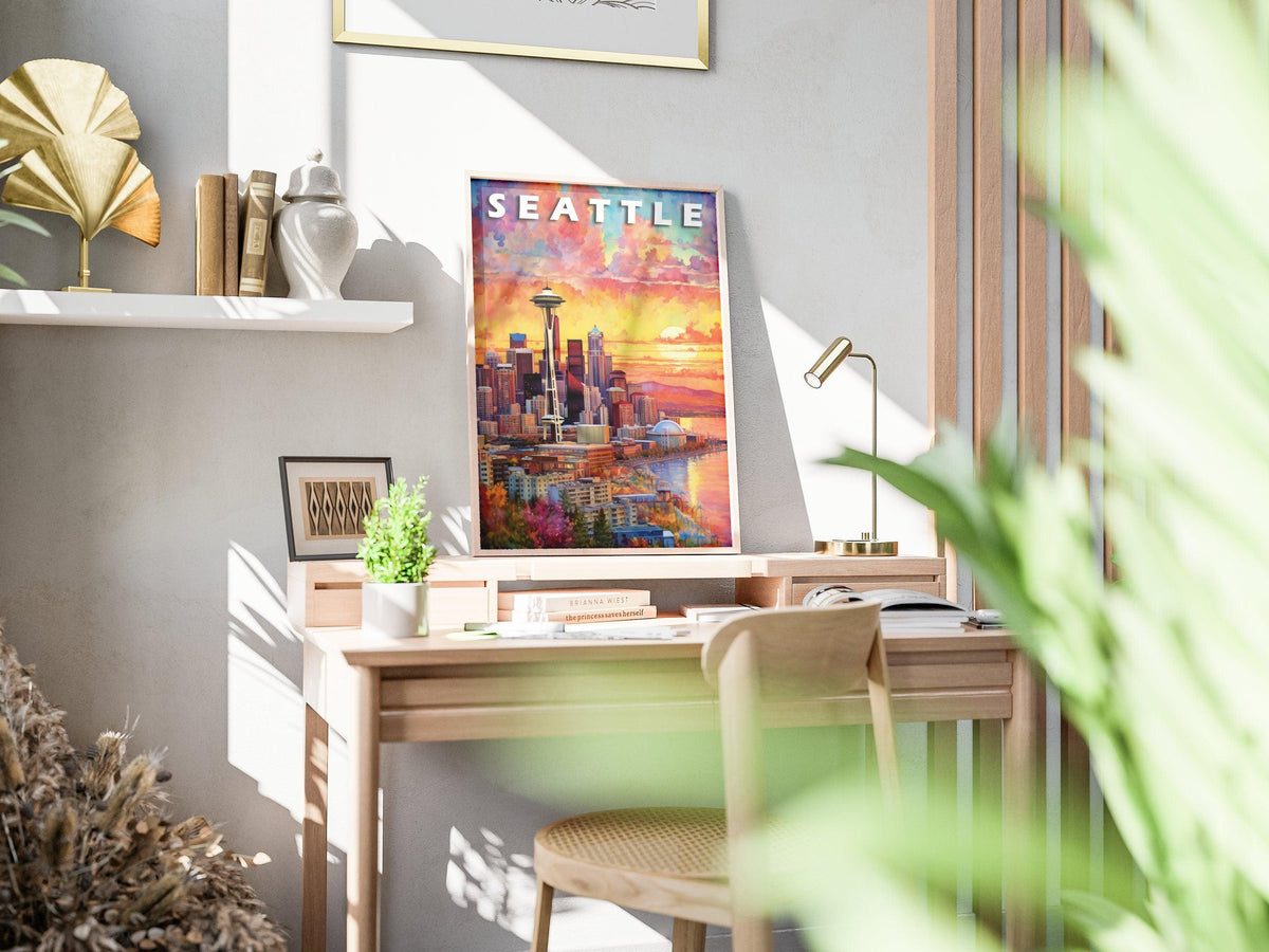 Seattle Poster, Magic Travel Print, Washington Colorful, Retro Vibrant Poster, Printable Wall Art For World Traveller - DreamBrothers