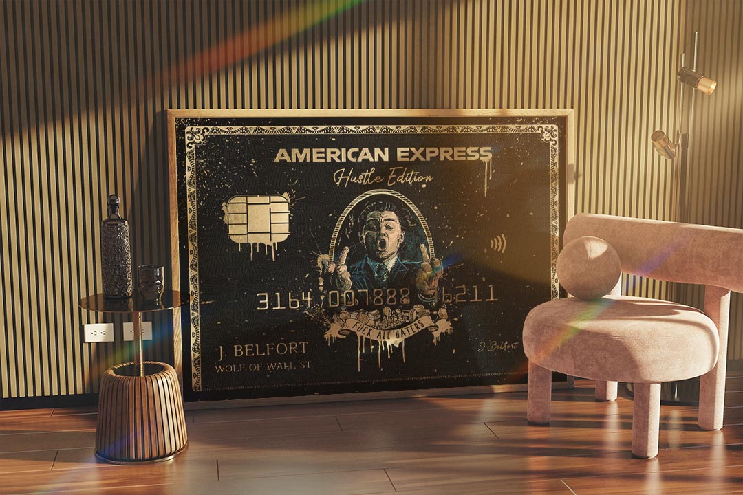 Wolf of Wall Street Amex parody canvas leaning on a fluted wall in a sunlit retro room with a pink chair. 
